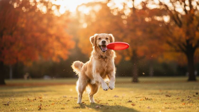 A vibrant, professionally color-graded photograph capturing a golden retriever joyfully leaping through autumn leaves in a Box Hill park, mid-afternoon light creating a dramatic glow, showcasing Box Hill pet photography joyful outdoor sessions.