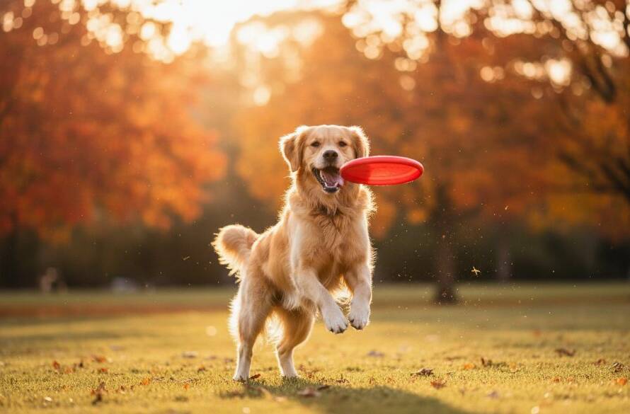 A vibrant, professionally color-graded photograph capturing a golden retriever joyfully leaping through autumn leaves in a Box Hill park, mid-afternoon light creating a dramatic glow, showcasing Box Hill pet photography joyful outdoor sessions.
