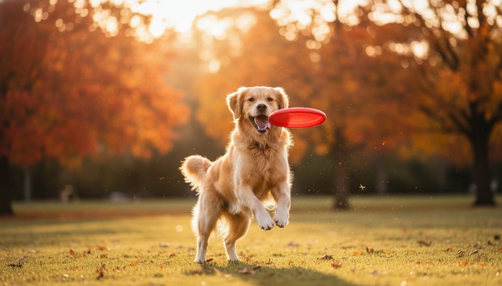 A vibrant, professionally color-graded photograph capturing a golden retriever joyfully leaping through autumn leaves in a Box Hill park, mid-afternoon light creating a dramatic glow, showcasing Box Hill pet photography joyful outdoor sessions.