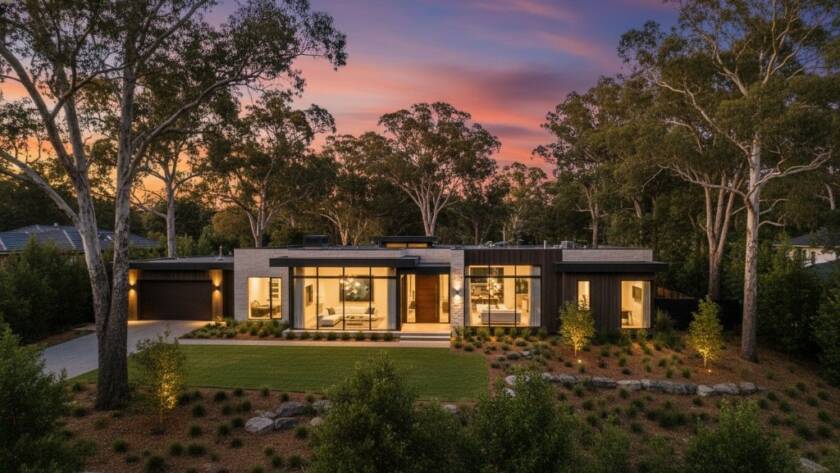 An aerial, cinematic twilight shot capturing a stunning modern family home in Box Hill, Victoria, showcasing its beautifully lit interior and landscaped garden against a vibrant sunset sky, exemplifying professional Box Hill property photography that sells homes faster.
