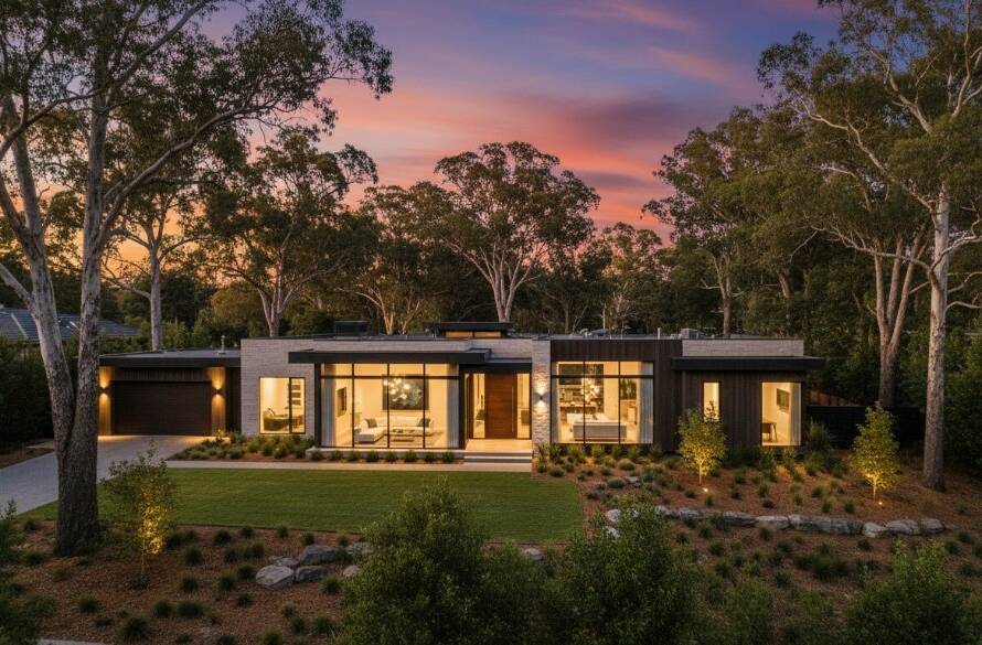 An aerial, cinematic twilight shot capturing a stunning modern family home in Box Hill, Victoria, showcasing its beautifully lit interior and landscaped garden against a vibrant sunset sky, exemplifying professional Box Hill property photography that sells homes faster.