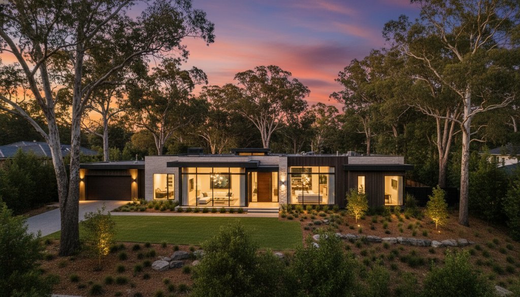 An aerial, cinematic twilight shot capturing a stunning modern family home in Box Hill, Victoria, showcasing its beautifully lit interior and landscaped garden against a vibrant sunset sky, exemplifying professional Box Hill property photography that sells homes faster.