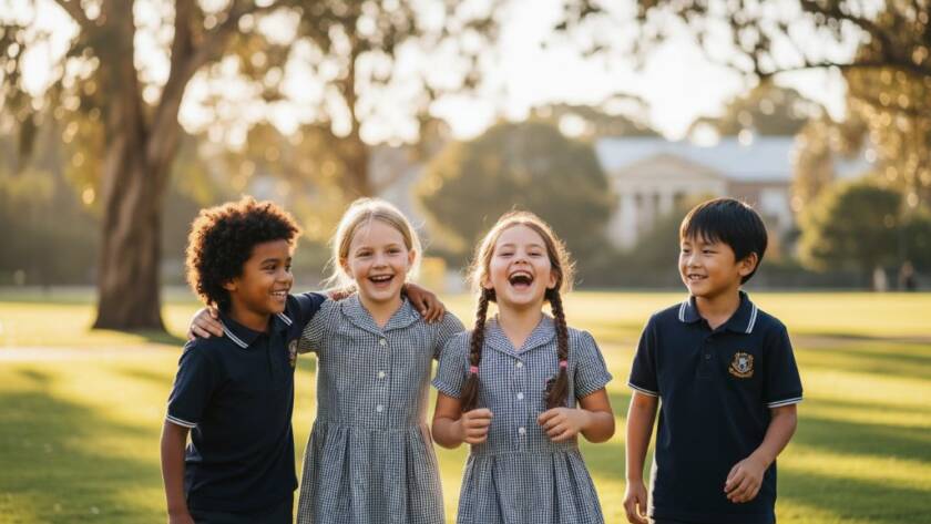 A joyous group of primary school students from Box Hill, bathed in warm afternoon light, laughing and interacting on a lush green oval with the iconic Box Hill Town Hall subtly in the background, perfectly illustrating Box Hill school photography: Capturing genuine student joy through candid interaction.