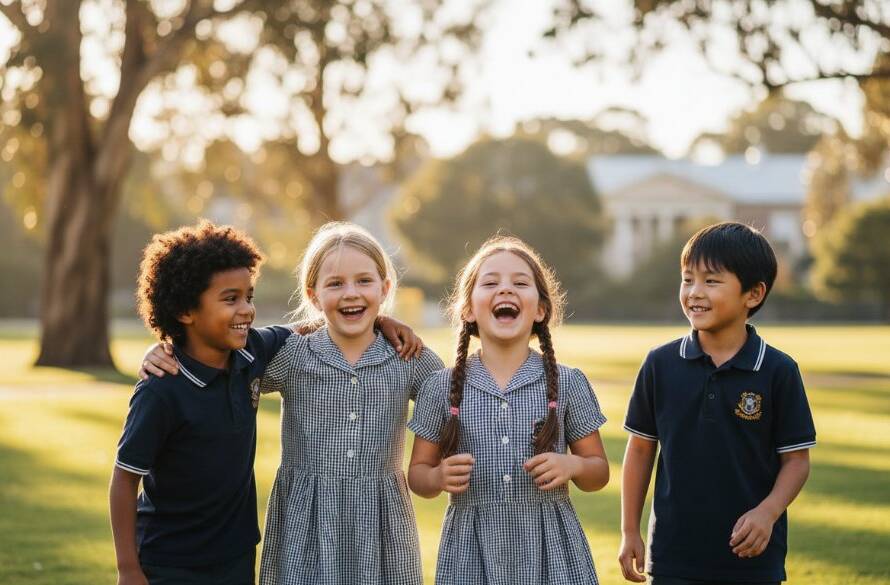 A joyous group of primary school students from Box Hill, bathed in warm afternoon light, laughing and interacting on a lush green oval with the iconic Box Hill Town Hall subtly in the background, perfectly illustrating Box Hill school photography: Capturing genuine student joy through candid interaction.