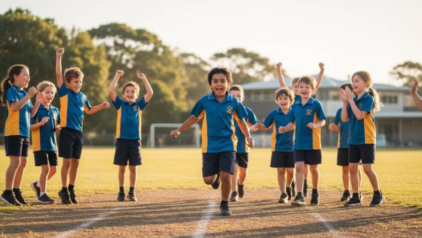 An inspiring wide-angle shot of a group of excited primary school students in Box Hill, dressed in their school uniforms, celebrating a sports day victory with hands raised in triumph on a sunny oval. The dynamic scene perfectly encapsulates Box Hill school photography celebrating student milestones, with dramatic lighting highlighting their joyous expressions and the vibrant school environment.