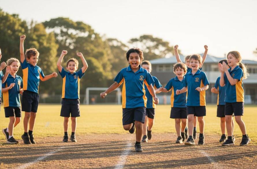 An inspiring wide-angle shot of a group of excited primary school students in Box Hill, dressed in their school uniforms, celebrating a sports day victory with hands raised in triumph on a sunny oval. The dynamic scene perfectly encapsulates Box Hill school photography celebrating student milestones, with dramatic lighting highlighting their joyous expressions and the vibrant school environment.
