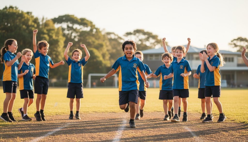 An inspiring wide-angle shot of a group of excited primary school students in Box Hill, dressed in their school uniforms, celebrating a sports day victory with hands raised in triumph on a sunny oval. The dynamic scene perfectly encapsulates Box Hill school photography celebrating student milestones, with dramatic lighting highlighting their joyous expressions and the vibrant school environment.