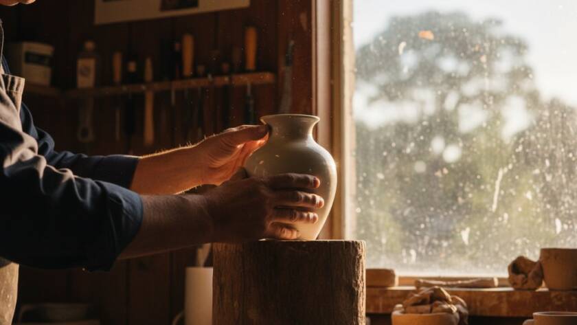 Dramatic close-up of a handcrafted ceramic mug with steam rising, meticulously lit in a studio setting, showcasing the intricate details and texture, representing expert Box Hill South artisanal product photography for e-commerce.