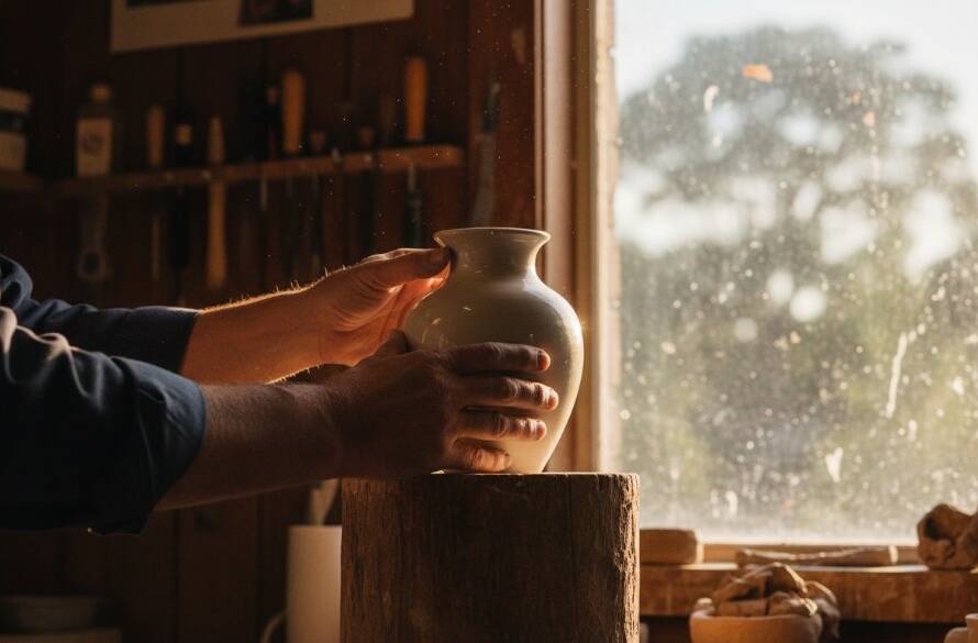 Dramatic close-up of a handcrafted ceramic mug with steam rising, meticulously lit in a studio setting, showcasing the intricate details and texture, representing expert Box Hill South artisanal product photography for e-commerce.