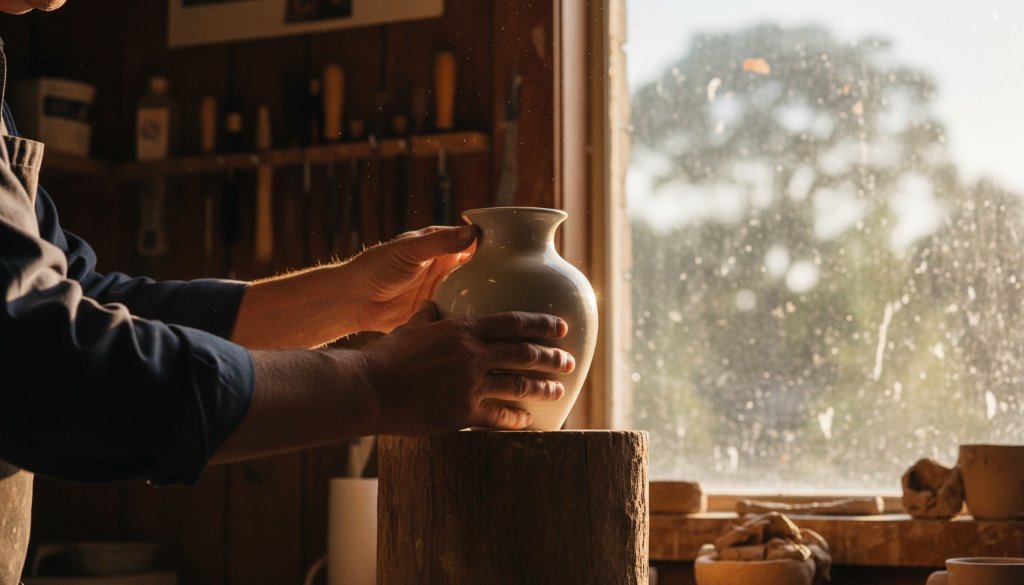 Dramatic close-up of a handcrafted ceramic mug with steam rising, meticulously lit in a studio setting, showcasing the intricate details and texture, representing expert Box Hill South artisanal product photography for e-commerce.