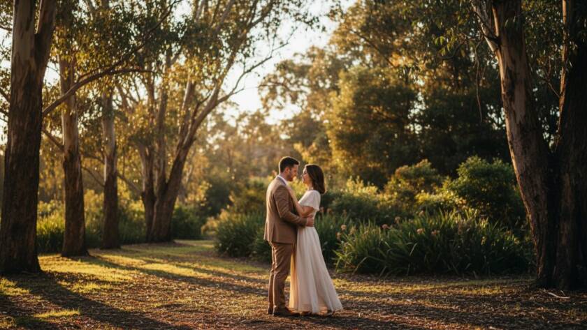 An evocative wide-angle shot capturing a family of three, silhouetted against a dramatic sunset over a serene nature reserve in Box Hill South, embodying the essence of bespoke fine art photography experiences and timeless connections.