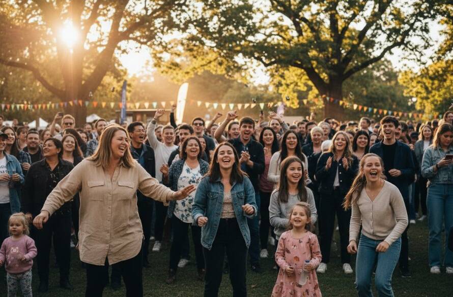 A vibrant, candid photograph capturing a moment of pure joy at an outdoor family celebration in Box Hill South, with guests laughing and embracing, beautifully lit by golden hour sun. This exemplifies Box Hill South candid event photography joy.