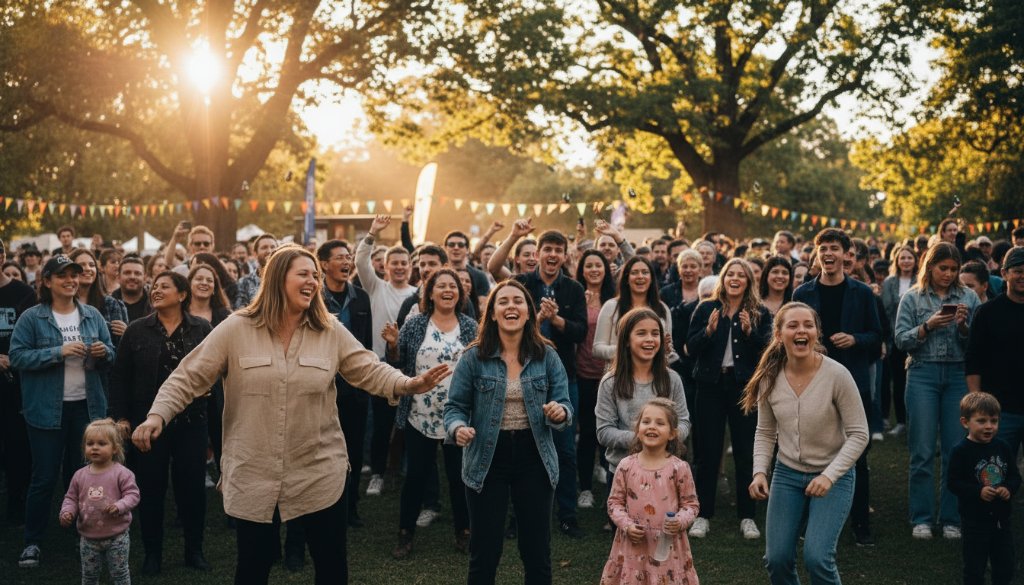 A vibrant, candid photograph capturing a moment of pure joy at an outdoor family celebration in Box Hill South, with guests laughing and embracing, beautifully lit by golden hour sun. This exemplifies Box Hill South candid event photography joy.