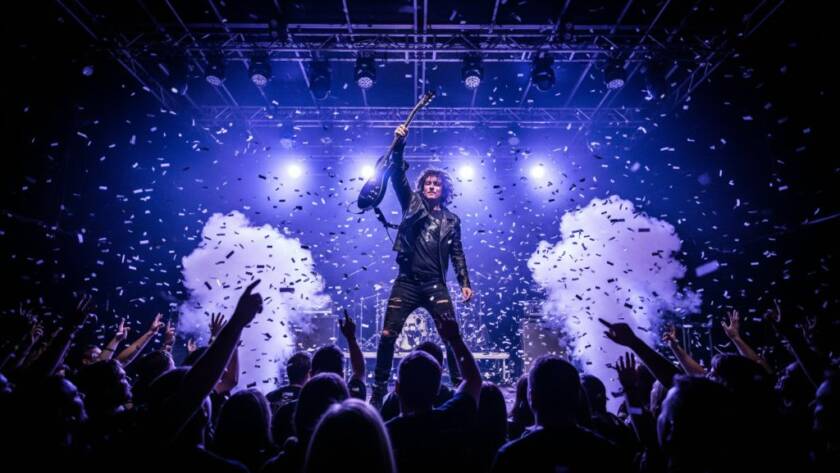 An electrifying wide shot capturing Box Hill South Concert Photography Epic Moments, featuring a lead guitarist mid-shred under dramatic blue and purple stage lights, confetti falling, and a silhouetted crowd cheering passionately in a local Box Hill South venue.