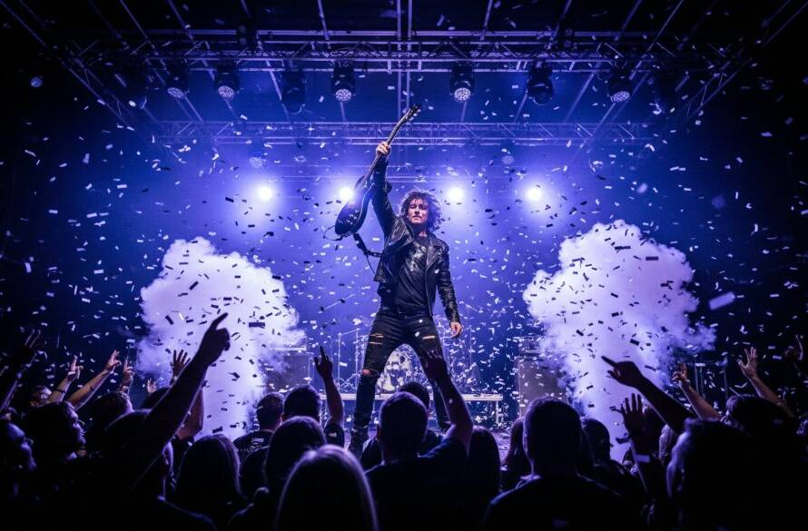 An electrifying wide shot capturing Box Hill South Concert Photography Epic Moments, featuring a lead guitarist mid-shred under dramatic blue and purple stage lights, confetti falling, and a silhouetted crowd cheering passionately in a local Box Hill South venue.