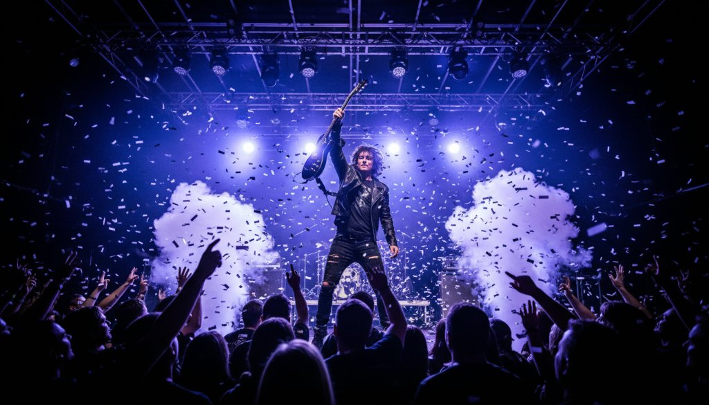 An electrifying wide shot capturing Box Hill South Concert Photography Epic Moments, featuring a lead guitarist mid-shred under dramatic blue and purple stage lights, confetti falling, and a silhouetted crowd cheering passionately in a local Box Hill South venue.