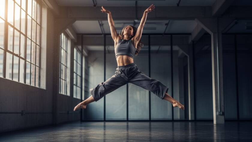 A powerful, dynamic shot of a dancer mid-leap against a dramatic, moody backdrop, capturing Box Hill South contemporary dance photography vibrant moments with incredible athleticism and grace, professionally lit.