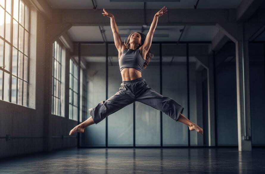 A powerful, dynamic shot of a dancer mid-leap against a dramatic, moody backdrop, capturing Box Hill South contemporary dance photography vibrant moments with incredible athleticism and grace, professionally lit.