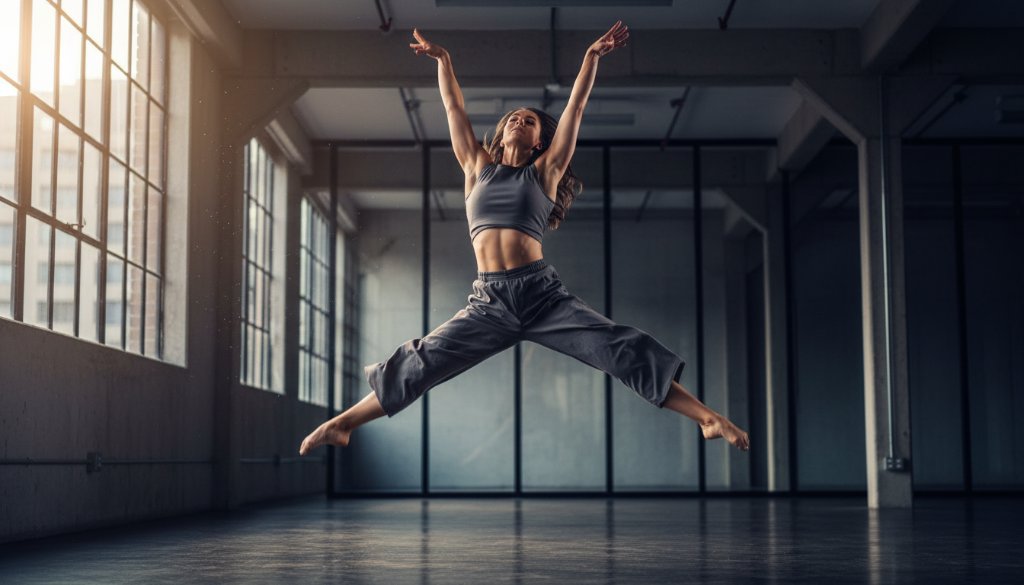 A powerful, dynamic shot of a dancer mid-leap against a dramatic, moody backdrop, capturing Box Hill South contemporary dance photography vibrant moments with incredible athleticism and grace, professionally lit.