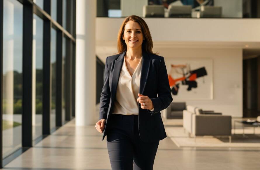 A dynamic, low-angle professional portrait featuring a confident female executive in Box Hill South, smiling genuinely in a modern office, showcasing Box Hill South corporate headshots for local professionals with dramatic, cinematic lighting and a blurred urban background, creating an empowering and inspiring 'epic moment'.