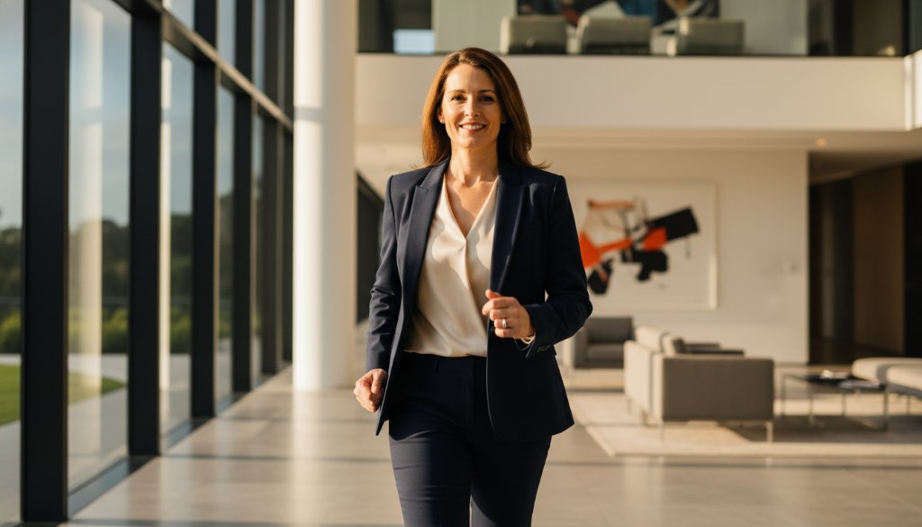 A dynamic, low-angle professional portrait featuring a confident female executive in Box Hill South, smiling genuinely in a modern office, showcasing Box Hill South corporate headshots for local professionals with dramatic, cinematic lighting and a blurred urban background, creating an empowering and inspiring 'epic moment'.