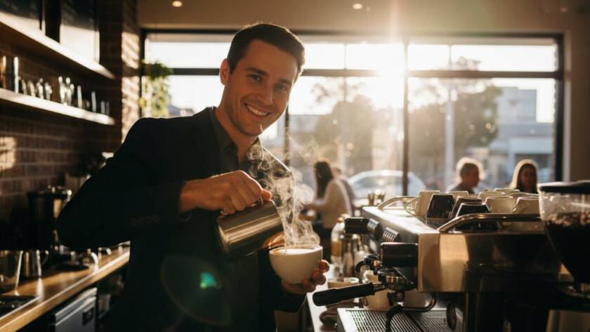 An epic moment of a local business owner proudly showcasing their artisanal product in a vibrant Box Hill South cafe, expertly captured with creative advertising photography, bathed in golden hour light.