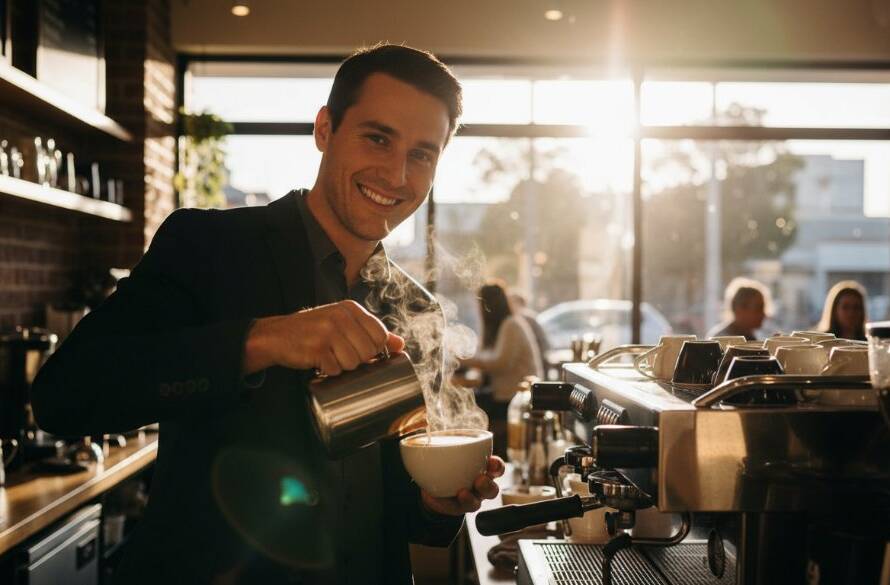 An epic moment of a local business owner proudly showcasing their artisanal product in a vibrant Box Hill South cafe, expertly captured with creative advertising photography, bathed in golden hour light.