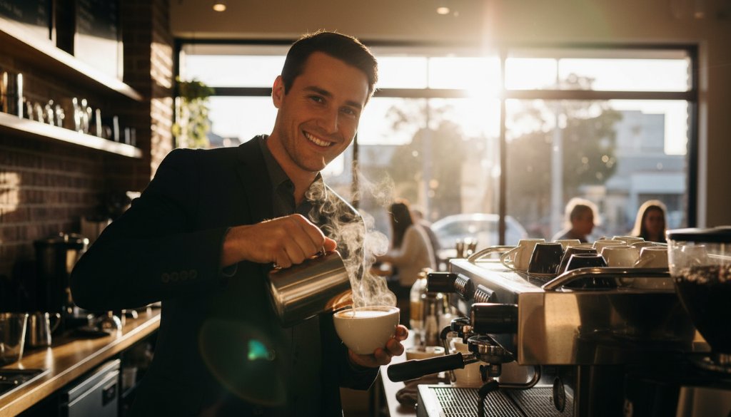 An epic moment of a local business owner proudly showcasing their artisanal product in a vibrant Box Hill South cafe, expertly captured with creative advertising photography, bathed in golden hour light.