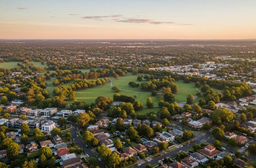 A dramatic aerial view of Box Hill South, Victoria, showcasing its unique suburban landscape and lush parks at sunset, highlighting the precision of Box Hill South drone photography capturing unique aerial views, with golden light illuminating the scene.