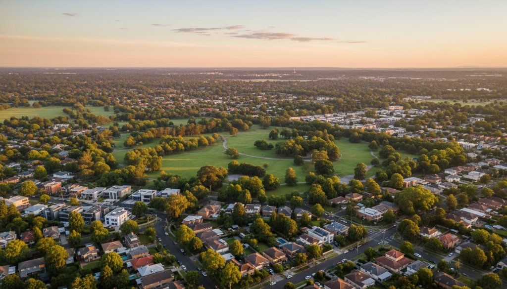 A dramatic aerial view of Box Hill South, Victoria, showcasing its unique suburban landscape and lush parks at sunset, highlighting the precision of Box Hill South drone photography capturing unique aerial views, with golden light illuminating the scene.