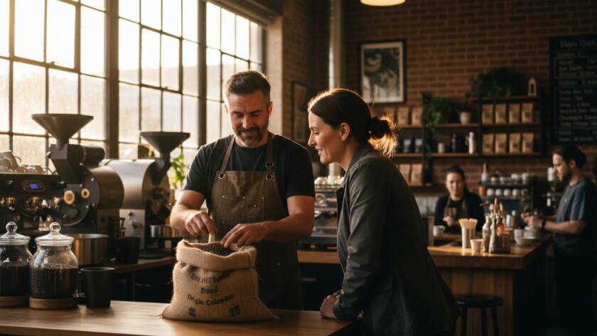 A dynamic, high-angle shot showcasing a local Box Hill South small business owner passionately explaining their craft to a client in their vibrant, sunlit workshop, exemplifying Box Hill South editorial photography for local businesses with dramatic natural light filtering through the window, capturing an authentic, epic moment of connection and expertise.