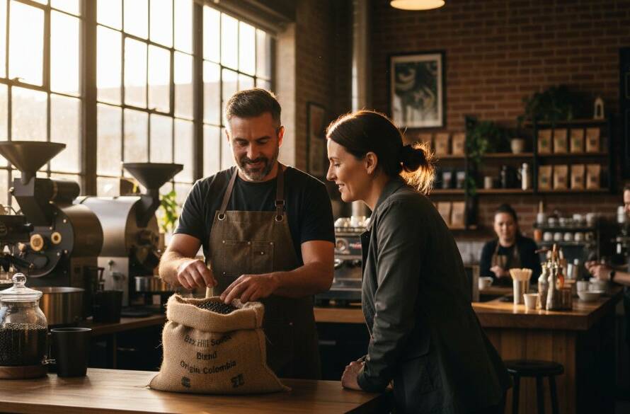A dynamic, high-angle shot showcasing a local Box Hill South small business owner passionately explaining their craft to a client in their vibrant, sunlit workshop, exemplifying Box Hill South editorial photography for local businesses with dramatic natural light filtering through the window, capturing an authentic, epic moment of connection and expertise.