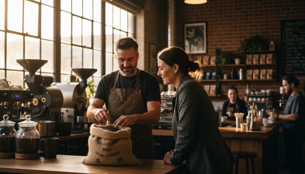 A dynamic, high-angle shot showcasing a local Box Hill South small business owner passionately explaining their craft to a client in their vibrant, sunlit workshop, exemplifying Box Hill South editorial photography for local businesses with dramatic natural light filtering through the window, capturing an authentic, epic moment of connection and expertise.