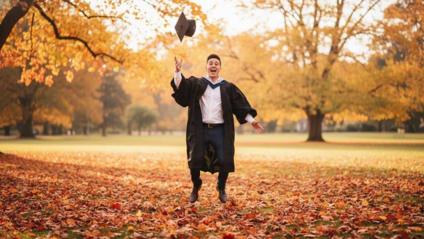 A jubilant graduate in Box Hill South, mid-air with their cap, celebrating their achievement against a backdrop of autumn leaves at a local park, professionally captured with dramatic lighting for Box Hill South Graduation Photography Celebrate Achievement.