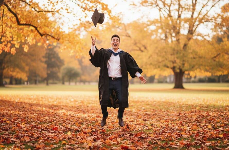 A jubilant graduate in Box Hill South, mid-air with their cap, celebrating their achievement against a backdrop of autumn leaves at a local park, professionally captured with dramatic lighting for Box Hill South Graduation Photography Celebrate Achievement.