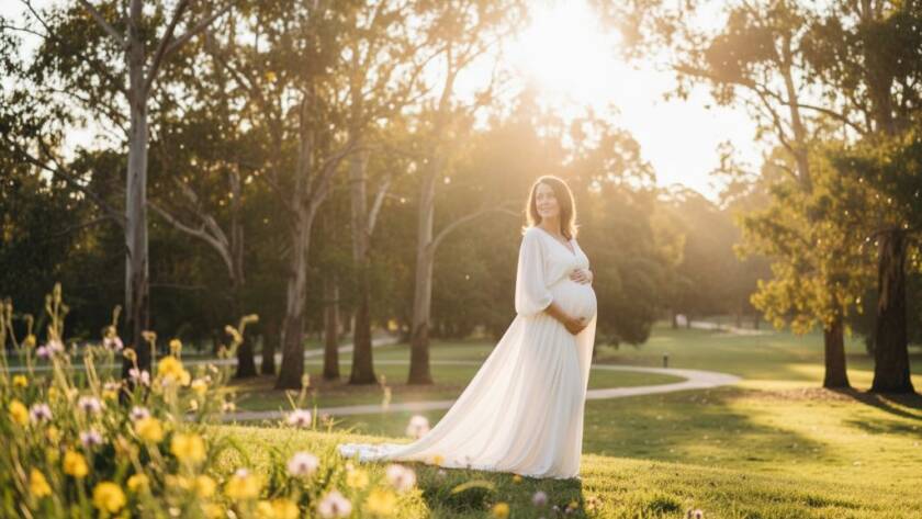 An epic moment captured: a radiant expectant mother, softly illuminated by golden hour light, standing gracefully amidst the lush greenery of a Box Hill South park, embodying the serene Box Hill South maternity photography experience. Professional photography with dramatic lighting and professional color grading.