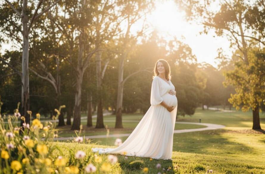 An epic moment captured: a radiant expectant mother, softly illuminated by golden hour light, standing gracefully amidst the lush greenery of a Box Hill South park, embodying the serene Box Hill South maternity photography experience. Professional photography with dramatic lighting and professional color grading.