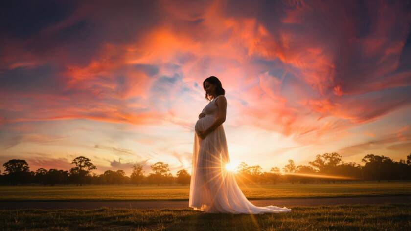 A pregnant woman silhouetted against a breathtaking golden hour sunset in Box Hill South, captured with Box Hill South Maternity Photography Golden Hour techniques, showing an epic and serene moment of motherhood.