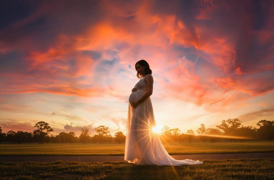 A pregnant woman silhouetted against a breathtaking golden hour sunset in Box Hill South, captured with Box Hill South Maternity Photography Golden Hour techniques, showing an epic and serene moment of motherhood.
