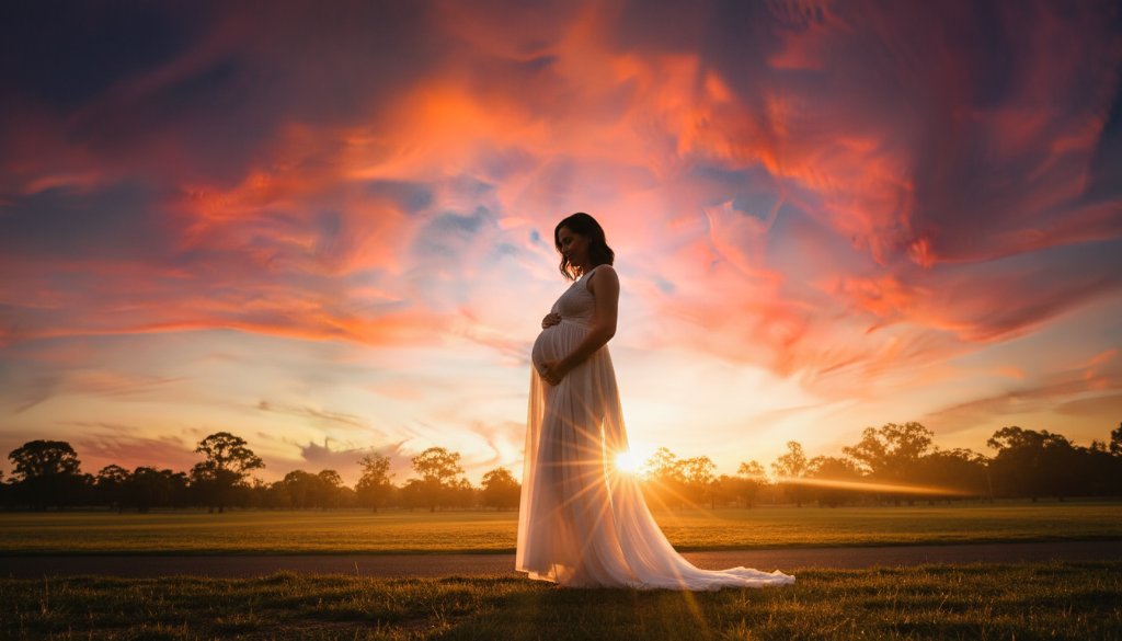 A pregnant woman silhouetted against a breathtaking golden hour sunset in Box Hill South, captured with Box Hill South Maternity Photography Golden Hour techniques, showing an epic and serene moment of motherhood.