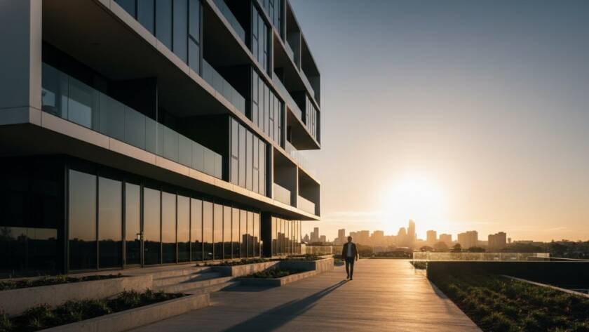 Dramatic wide-angle shot capturing the striking Box Hill South modern architectural lines photography of a newly developed residential building, with golden hour light reflecting off its sleek, geometric facade and a lone figure silhouetted against the vibrant sky, conveying an epic moment of urban elegance.