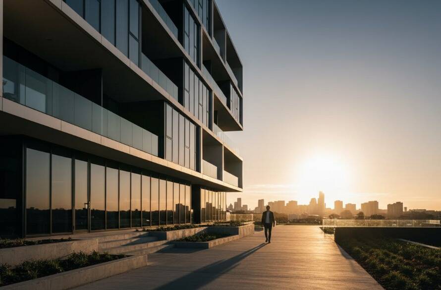 Dramatic wide-angle shot capturing the striking Box Hill South modern architectural lines photography of a newly developed residential building, with golden hour light reflecting off its sleek, geometric facade and a lone figure silhouetted against the vibrant sky, conveying an epic moment of urban elegance.