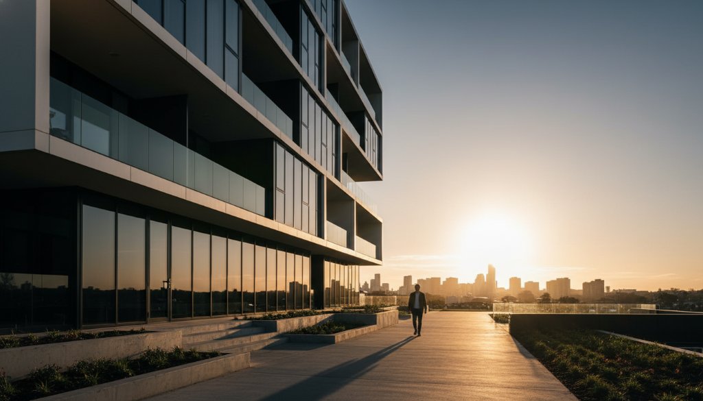 Dramatic wide-angle shot capturing the striking Box Hill South modern architectural lines photography of a newly developed residential building, with golden hour light reflecting off its sleek, geometric facade and a lone figure silhouetted against the vibrant sky, conveying an epic moment of urban elegance.