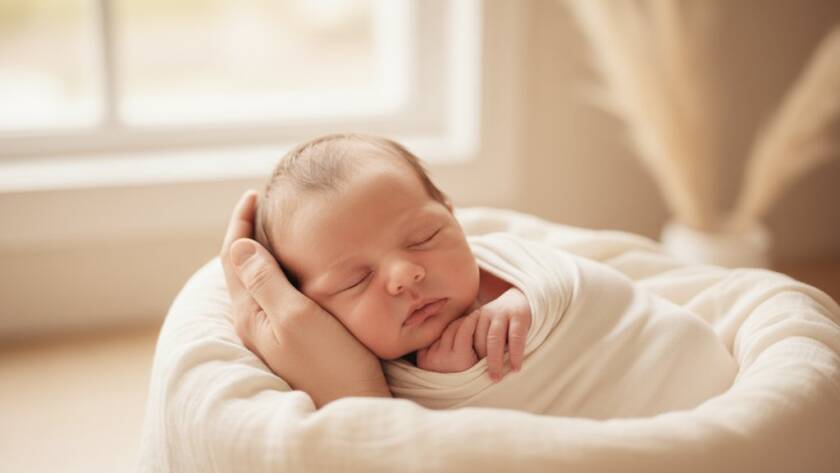 A serene and beautifully lit photograph capturing Box Hill South newborn photography capturing tender moments, showing a sleeping baby swaddled in soft fabrics, bathed in warm, ethereal light, with a parent's hand gently cradling them, evoking profound love and peace.
