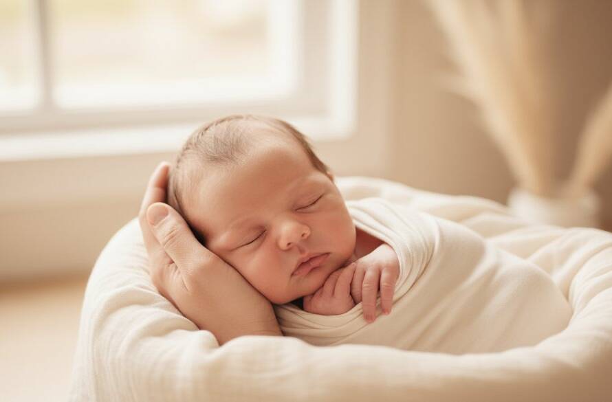 A serene and beautifully lit photograph capturing Box Hill South newborn photography capturing tender moments, showing a sleeping baby swaddled in soft fabrics, bathed in warm, ethereal light, with a parent's hand gently cradling them, evoking profound love and peace.