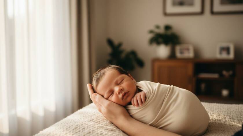 A heartwarming and intimate portrait capturing the serene beauty of a newborn baby, nestled gently in a soft, organic wrap, bathed in warm, ethereal window light in a Box Hill South home, embodying the essence of Box Hill South newborn photography storytelling. The baby's tiny hand is gently gripping a parent's finger, highlighting the tender bond. Professional photography with soft focus and a golden hour glow, cinematic colour grading.