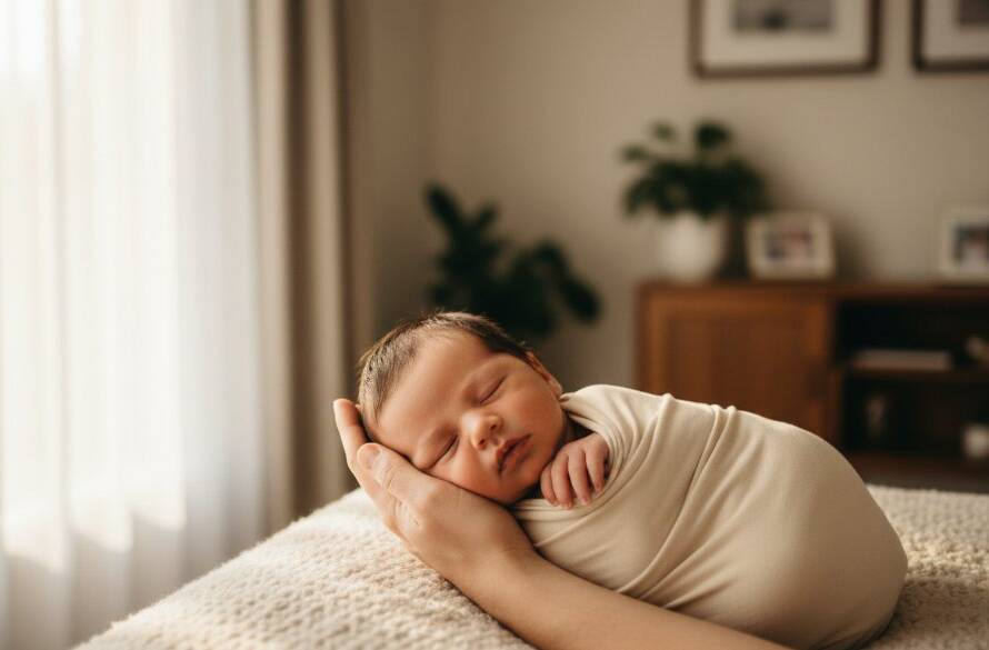 A heartwarming and intimate portrait capturing the serene beauty of a newborn baby, nestled gently in a soft, organic wrap, bathed in warm, ethereal window light in a Box Hill South home, embodying the essence of Box Hill South newborn photography storytelling. The baby's tiny hand is gently gripping a parent's finger, highlighting the tender bond. Professional photography with soft focus and a golden hour glow, cinematic colour grading.
