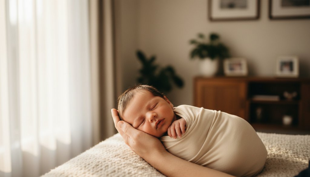 A heartwarming and intimate portrait capturing the serene beauty of a newborn baby, nestled gently in a soft, organic wrap, bathed in warm, ethereal window light in a Box Hill South home, embodying the essence of Box Hill South newborn photography storytelling. The baby's tiny hand is gently gripping a parent's finger, highlighting the tender bond. Professional photography with soft focus and a golden hour glow, cinematic colour grading.