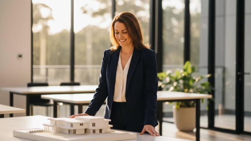 A dynamic, high-energy shot of a successful small business owner confidently presenting their product in a modern, light-filled studio in Box Hill South, demonstrating the power of Box Hill South personal brand photography Melbourne, with dramatic rim lighting and professional color grading.