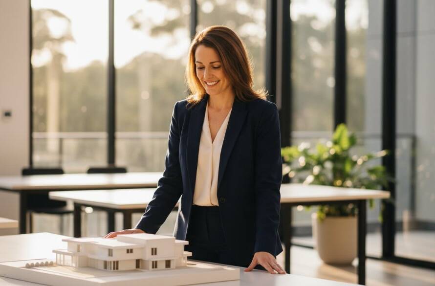 A dynamic, high-energy shot of a successful small business owner confidently presenting their product in a modern, light-filled studio in Box Hill South, demonstrating the power of Box Hill South personal brand photography Melbourne, with dramatic rim lighting and professional color grading.